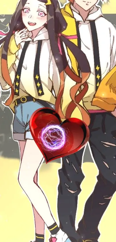 Anime couple with glowing heart on light yellow background.