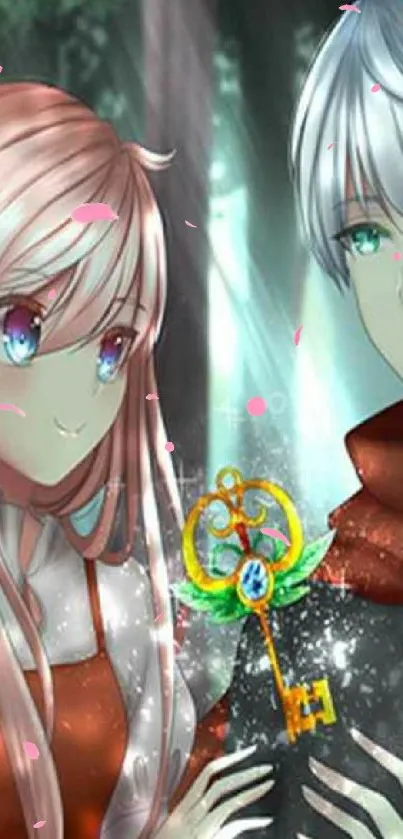 Anime couple holding a magical key with vibrant colors and fantasy elements.