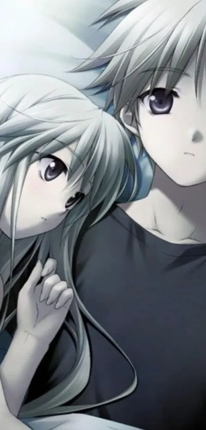 Grayscale anime couple in serene setting.