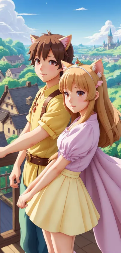 Anime couple with cat ears in a scenic village setting.