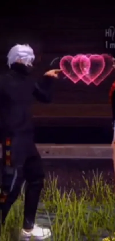 Anime couple exchanging hearts with a vibrant pink glow.