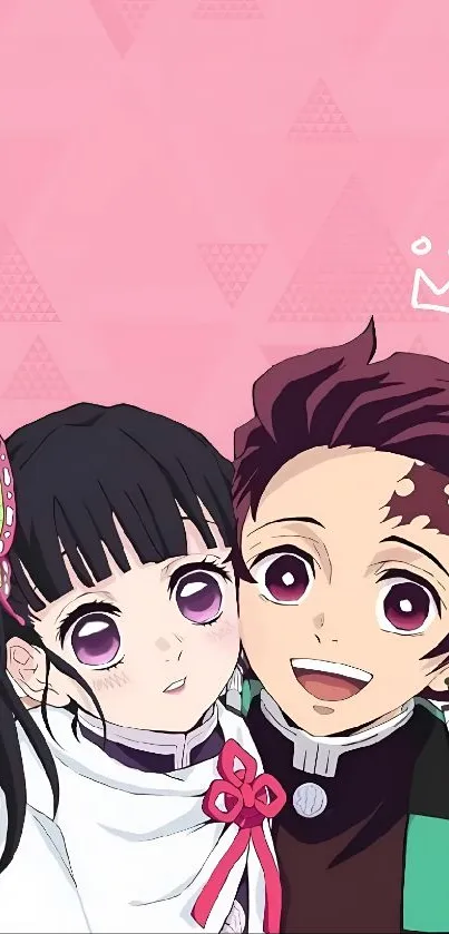 Vibrant anime couple on a pink background.