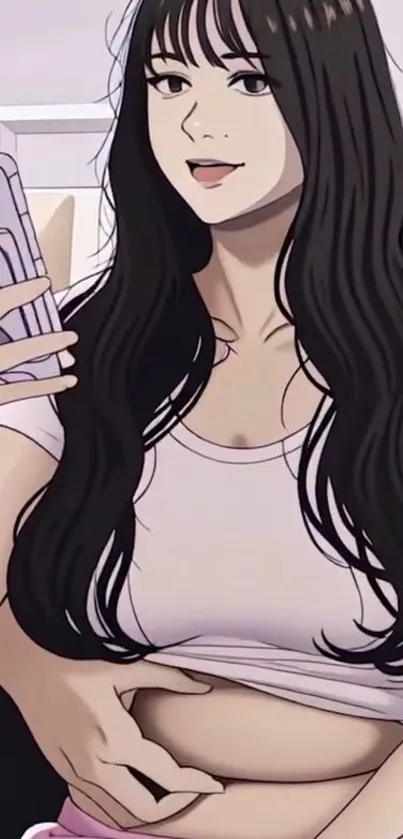 Anime character with long hair holding a smartphone in vibrant style.