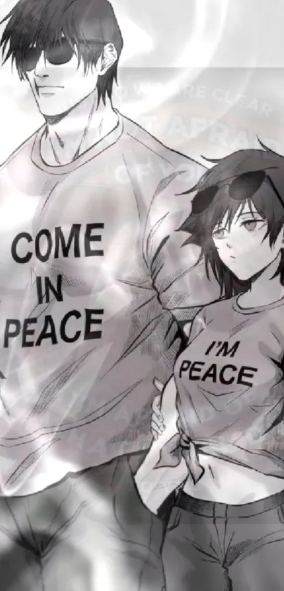 Monochrome anime couple art with peace-themed shirts.