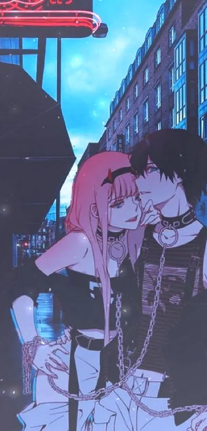 Anime couple in a neon-lit city with vibrant colors and romantic aura.