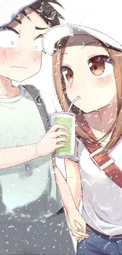 Anime couple sharing a drink on a rainy day wallpaper.