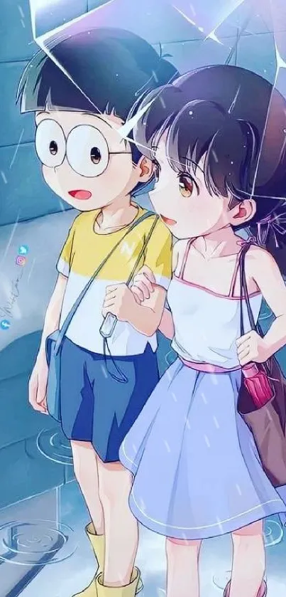 Anime couple under an umbrella on a rainy day with soft pastel colors.