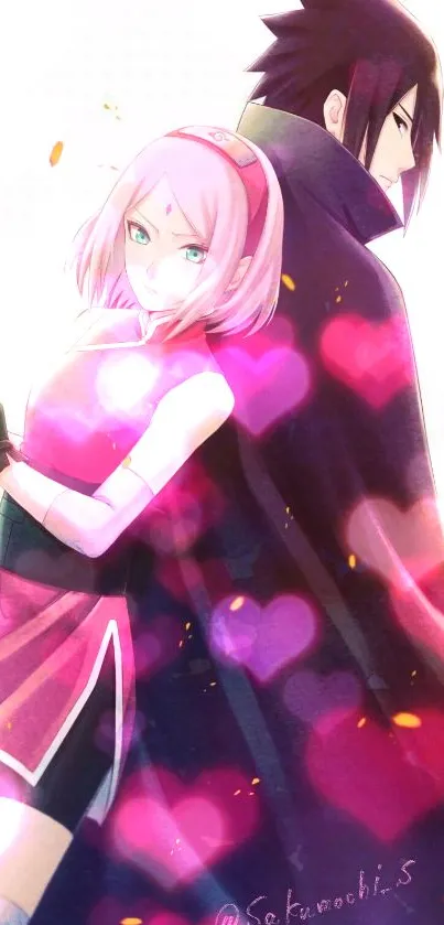 Anime couple standing with pink hearts and vibrant colors.