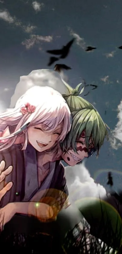 Anime couple embracing under cloudy sky with birds.