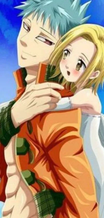 Anime couple enjoying a sunny day with blue sky, perfect for mobile wallpaper.