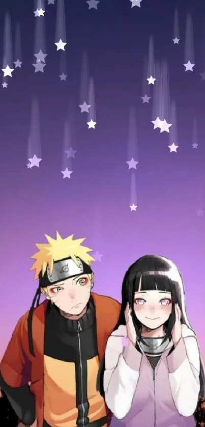 Anime couple under a purple sunset background.