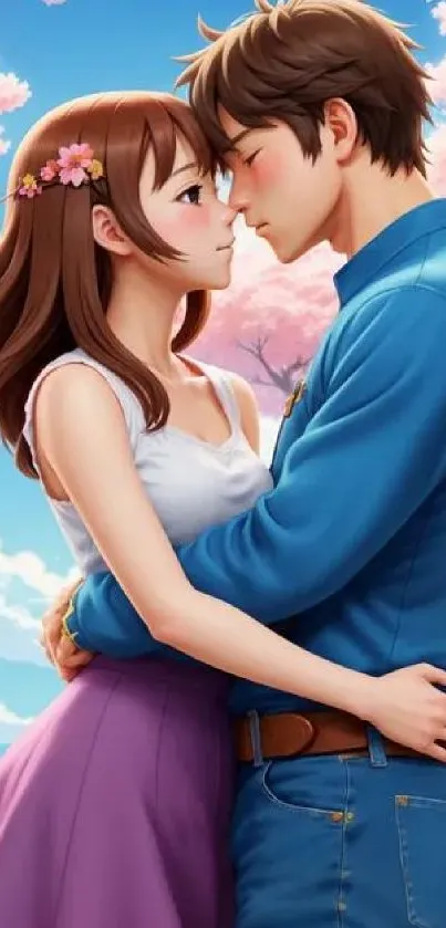Anime couple embracing under cherry blossoms.