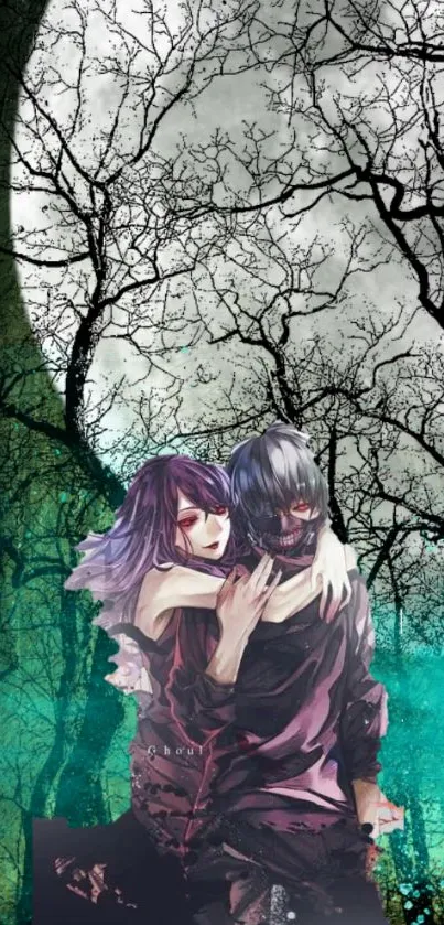 Anime couple embracing under a full moon in a dark, tree-filled scene.