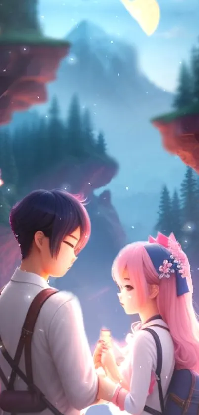 Anime couple holding hands under a starry night in a mountainous fantasy setting.