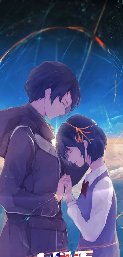 Anime couple embracing under a starry sky.