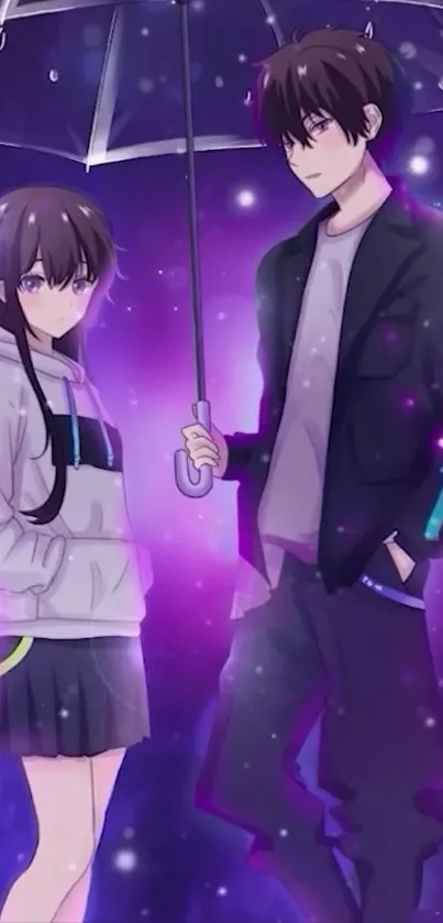 Anime couple with purple glow and umbrella on a dark, vibrant wallpaper.