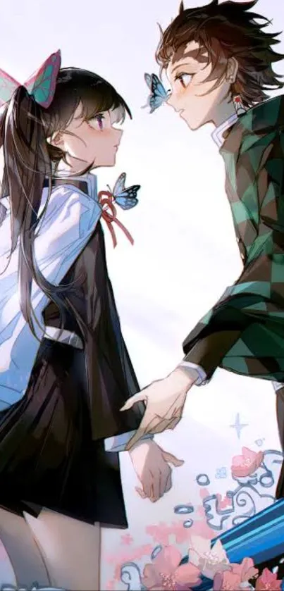 Anime couple holding hands with butterflies around them.