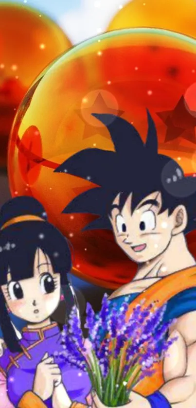 Anime couple with Dragon Balls in vibrant colors.