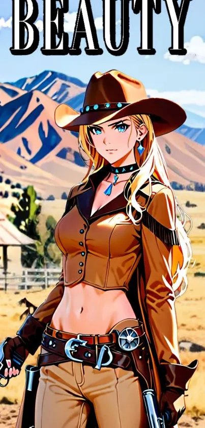 Anime cowboy girl with vibrant desert backdrop.