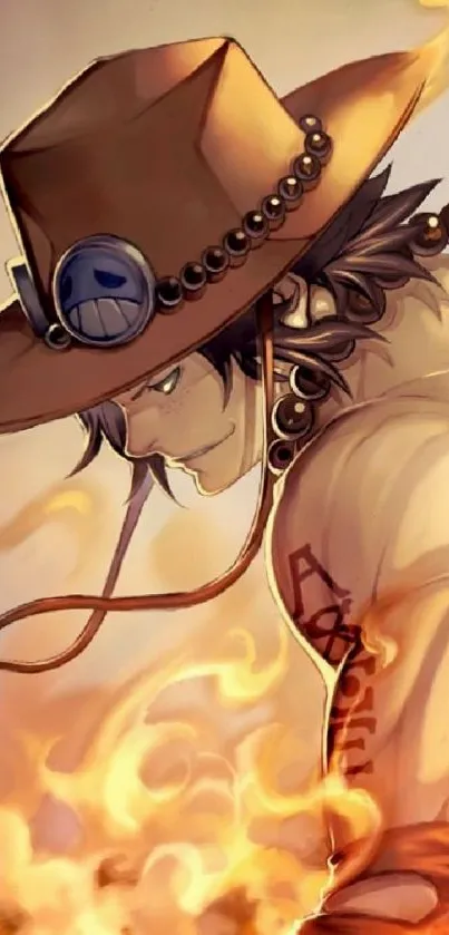 Anime cowboy in flames with detailed design.