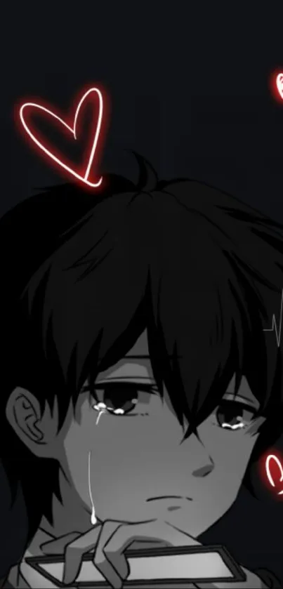 Anime character with glowing red hearts on dark background.