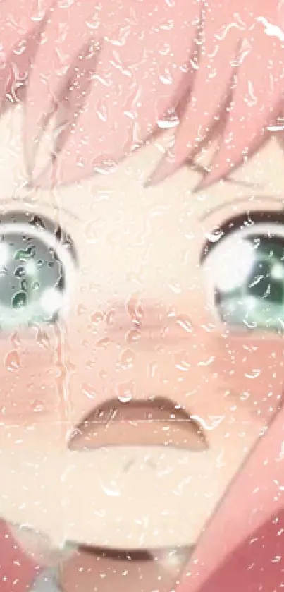 Pink-haired anime girl with teary eyes, raindrop effect.