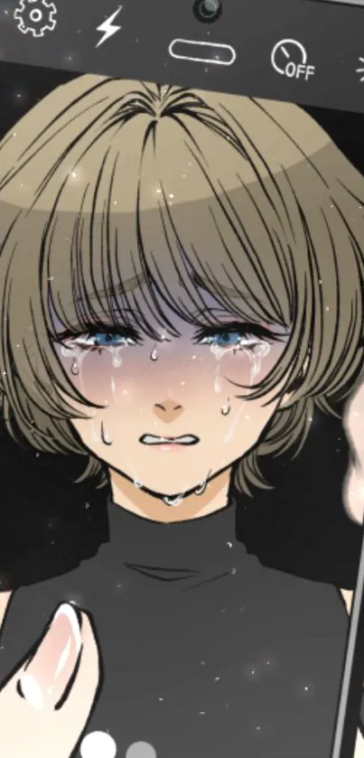 Anime girl crying with a phone reflection.