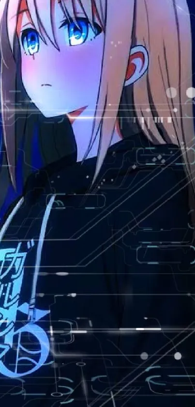 Anime cyber aesthetic wallpaper with blue hues and digital elements.