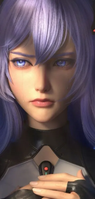 Anime character with purple hair and futuristic armor in a digital art style.