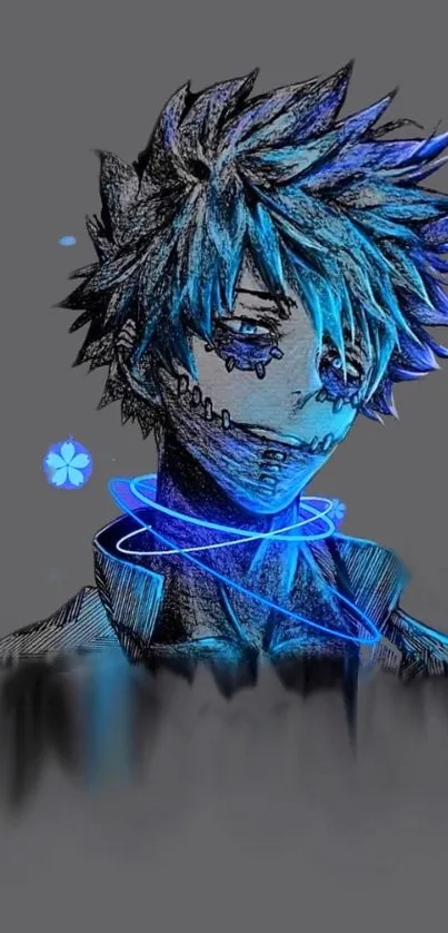 Anime character with blue cyberpunk design and electric highlights.