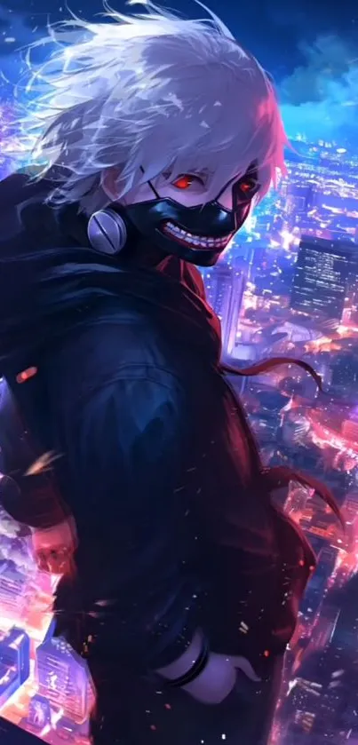 Anime character overlooks neon-lit cyberpunk city at night.