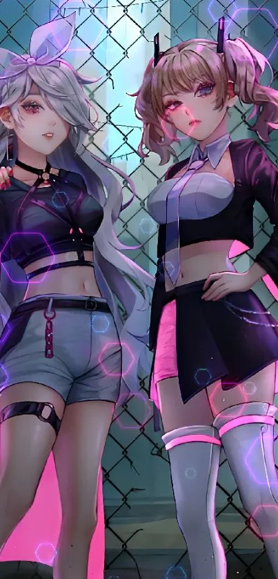 Anime cyberpunk girls in a colorful mobile wallpaper.