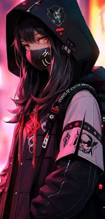 Anime cyberpunk hooded character with neon lights.