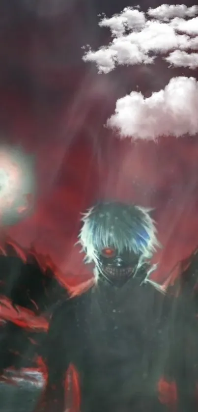 Dark fantasy anime character with red glow and mysterious clouds.