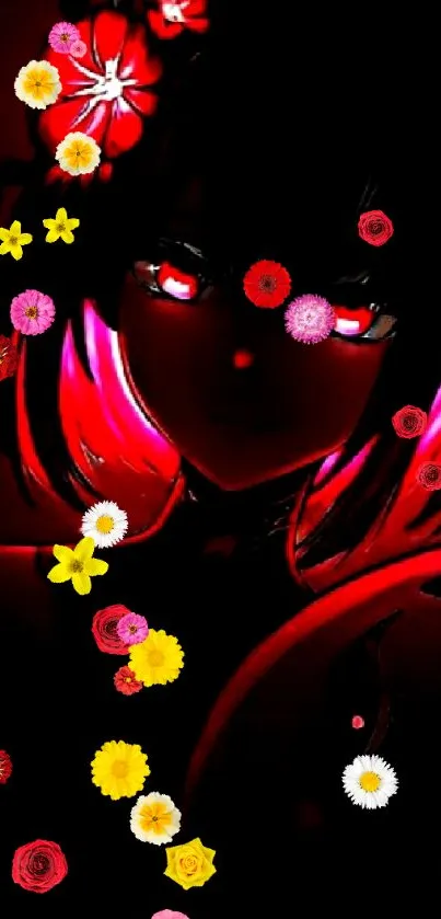 Anime girl with red eyes and flower in dark art wallpaper.