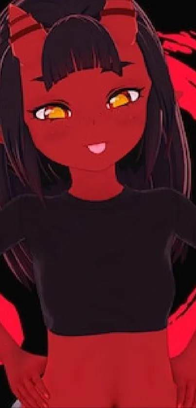 Anime demon girl with red skin on a dark background.