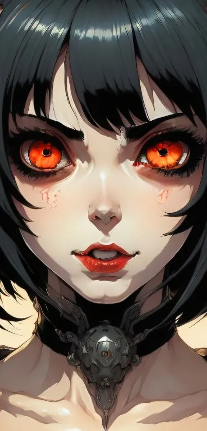 Anime demon girl with red eyes and black hair in gothic art style.