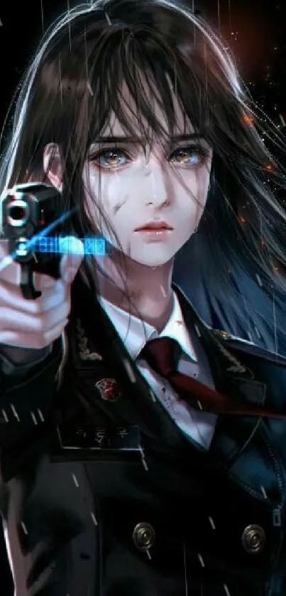 Anime detective holding gun in rain