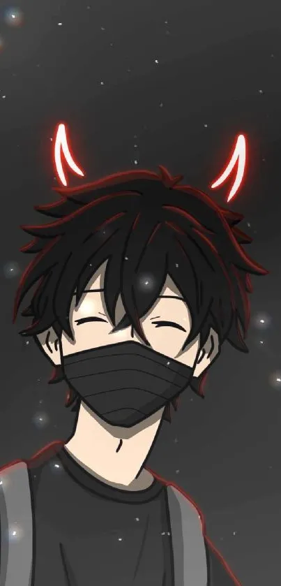 Anime devil boy with red horns and mask on black background.