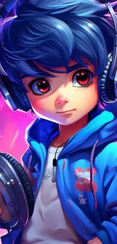 Anime DJ holding headphones with vibrant colors.