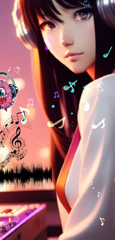 Anime DJ girl with headphones and musical notes in a vibrant setting.