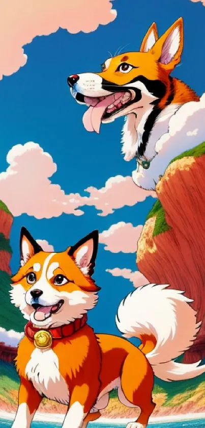 Anime wallpaper of dogs exploring scenic landscape with vibrant skies.