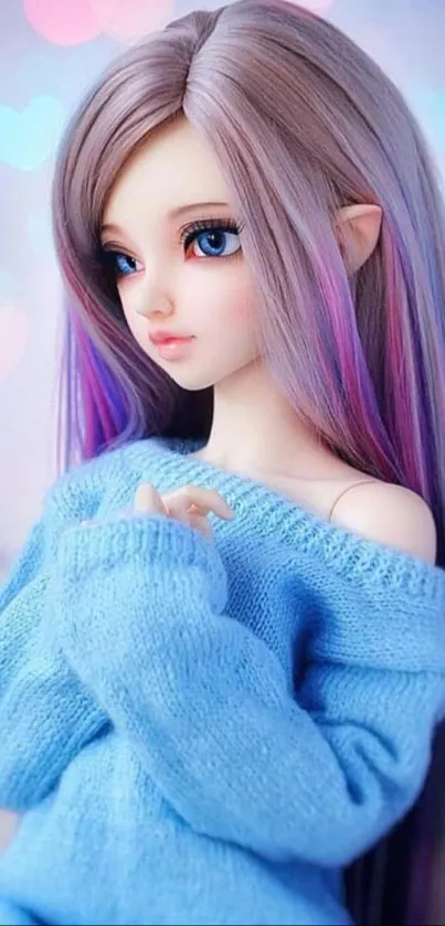 Anime-style doll with lavender hair and blue sweater against heart background.