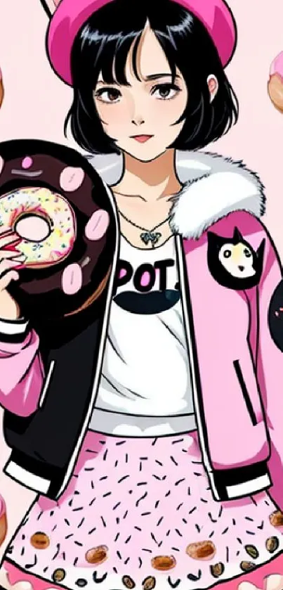 Anime girl with donuts in pink outfit on wallpaper.