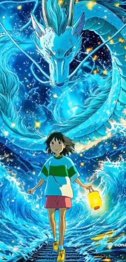 Anime girl with lantern and dragon in blue waves