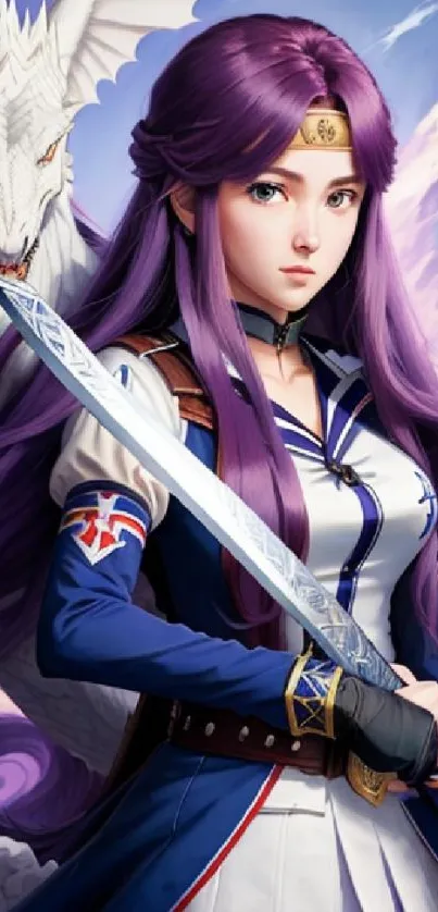 Anime warrior with purple hair and dragon, holding a sword.