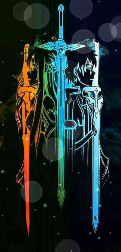 Dynamic anime swords wallpaper with glowing colors.