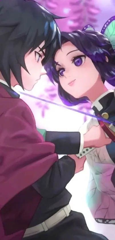 Anime characters in a dramatic sword duel with vibrant purple hues.