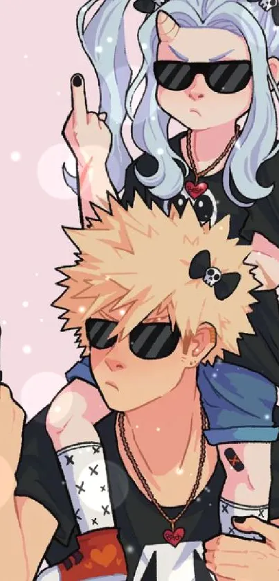 Anime duo in sunglasses with cool style on pink background.