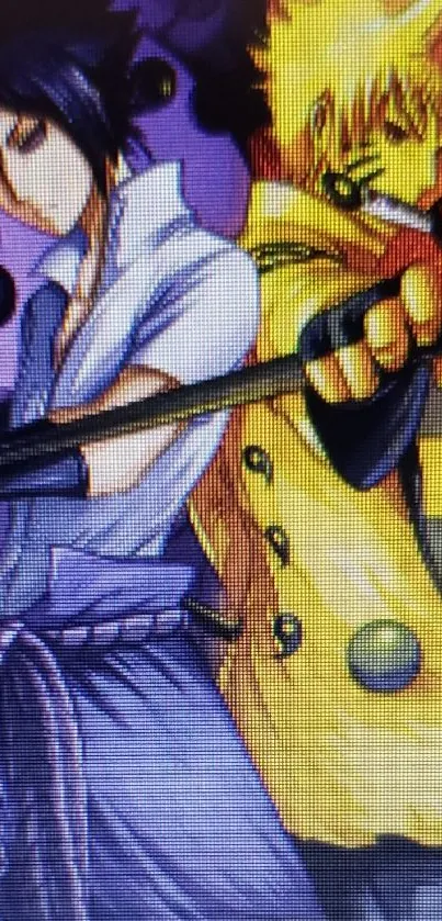 Dynamic anime duo in colorful art wallpaper.